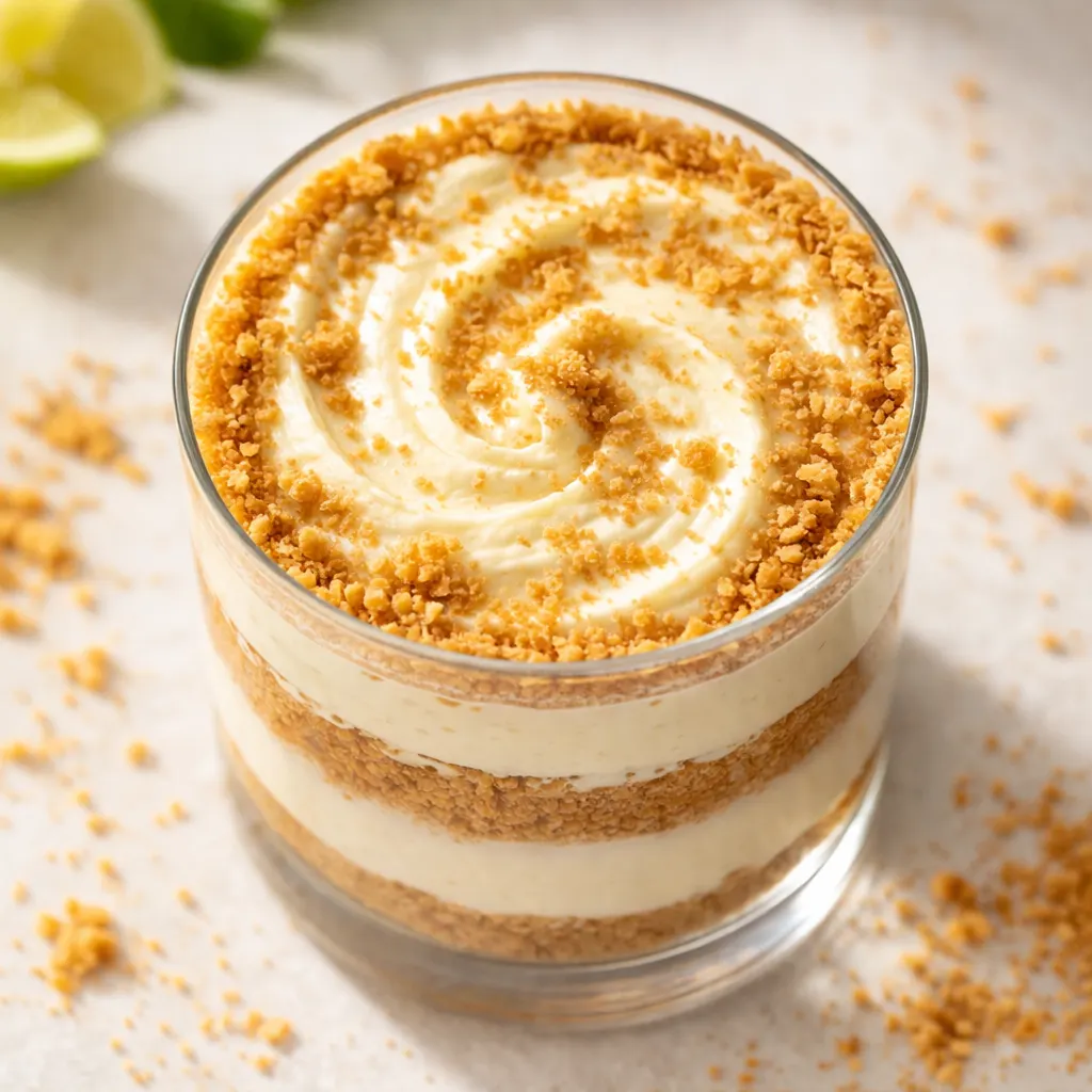 Creamy key lime cheesecake filling being layered over crushed graham cracker crumbs in a clear glass, showing the crumbly crust and smooth filling