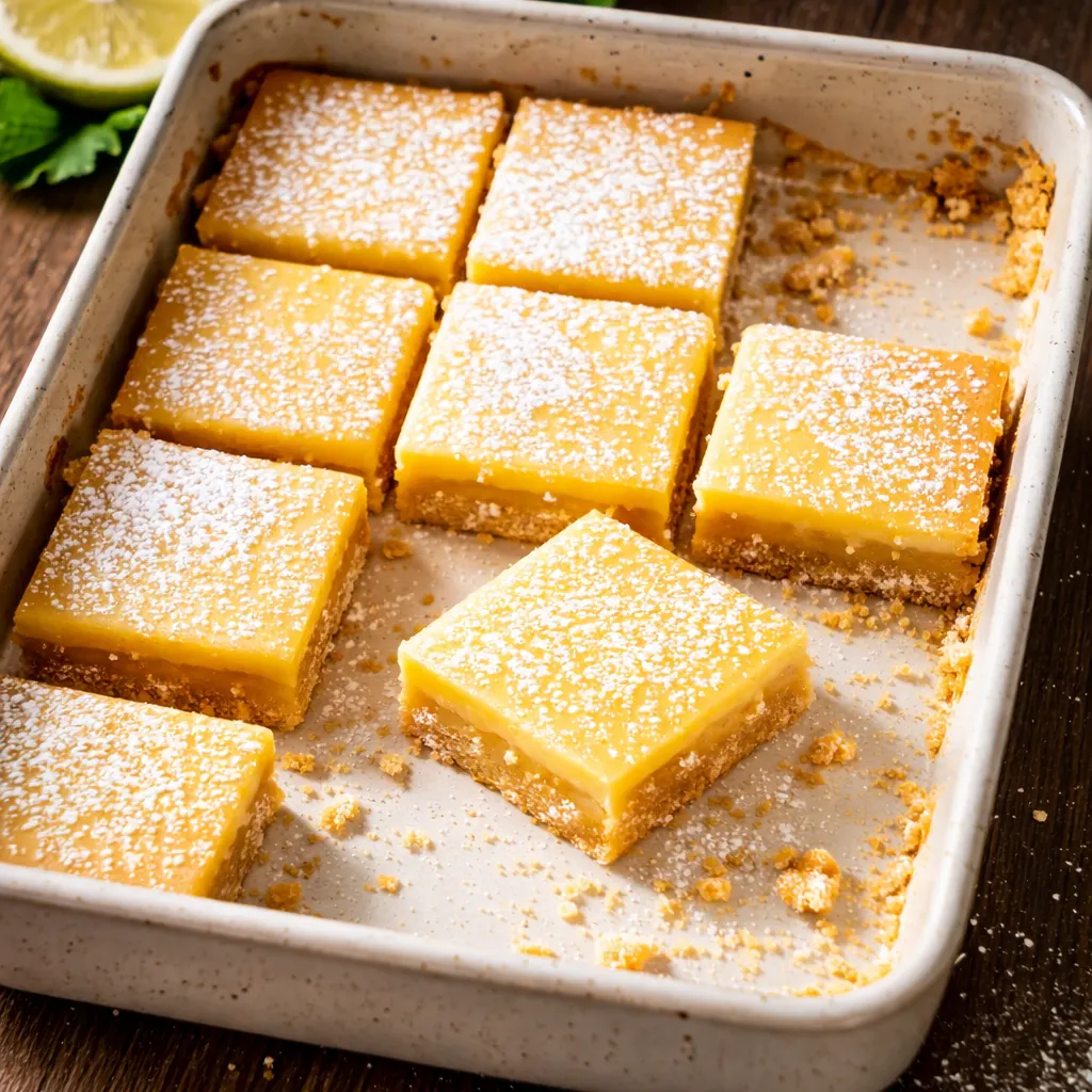 Hands pressing pale buttery shortbread dough evenly into a square baking pan for lemon bars
