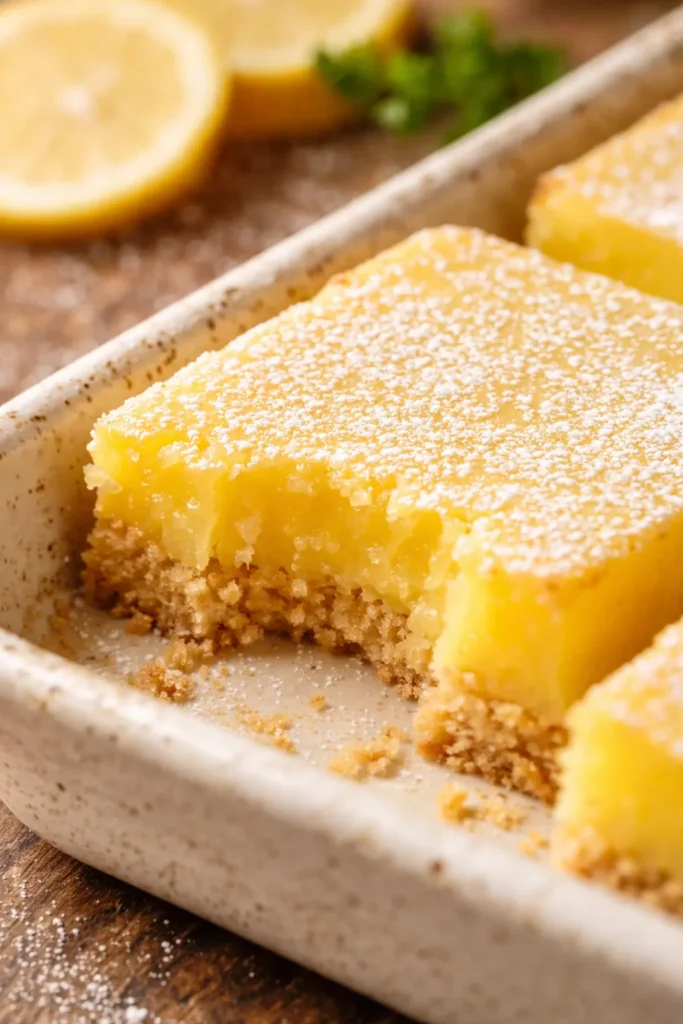 Golden lemon bars with crisp buttery shortbread crust and smooth tangy lemon curd, topped with powdered sugar
