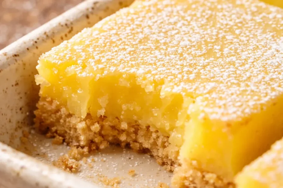Golden lemon bars with crisp buttery shortbread crust and smooth tangy lemon curd, topped with powdered sugar