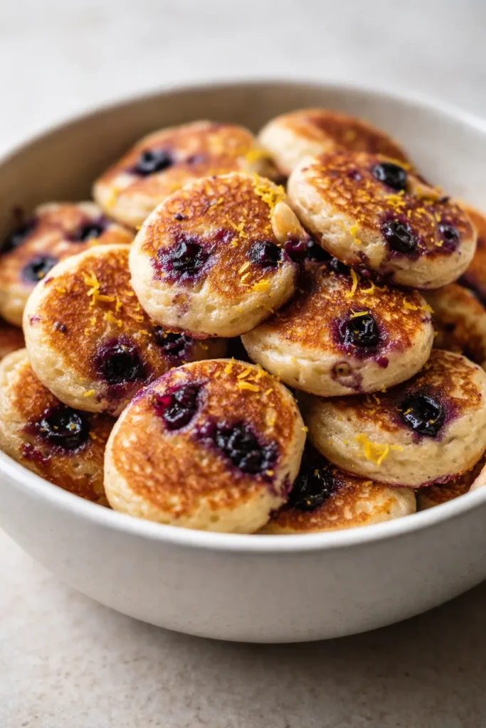 Golden fluffy Greek yogurt pancake bites studded with blueberries and drizzled with lemon glaze, served on a plate