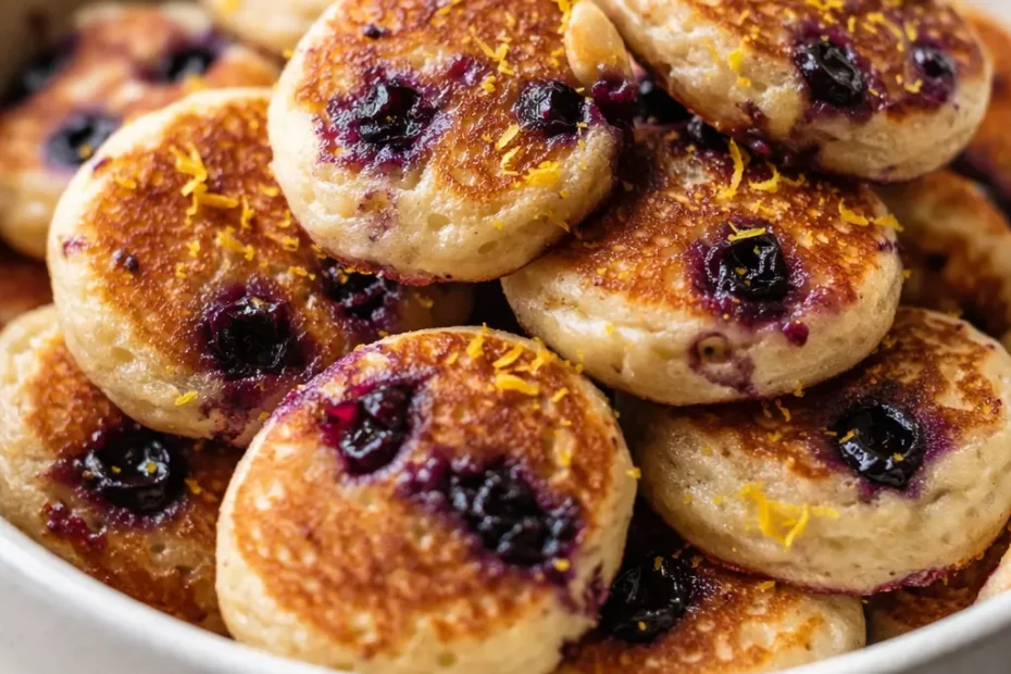 Golden fluffy Greek yogurt pancake bites studded with blueberries and drizzled with lemon glaze, served on a plate