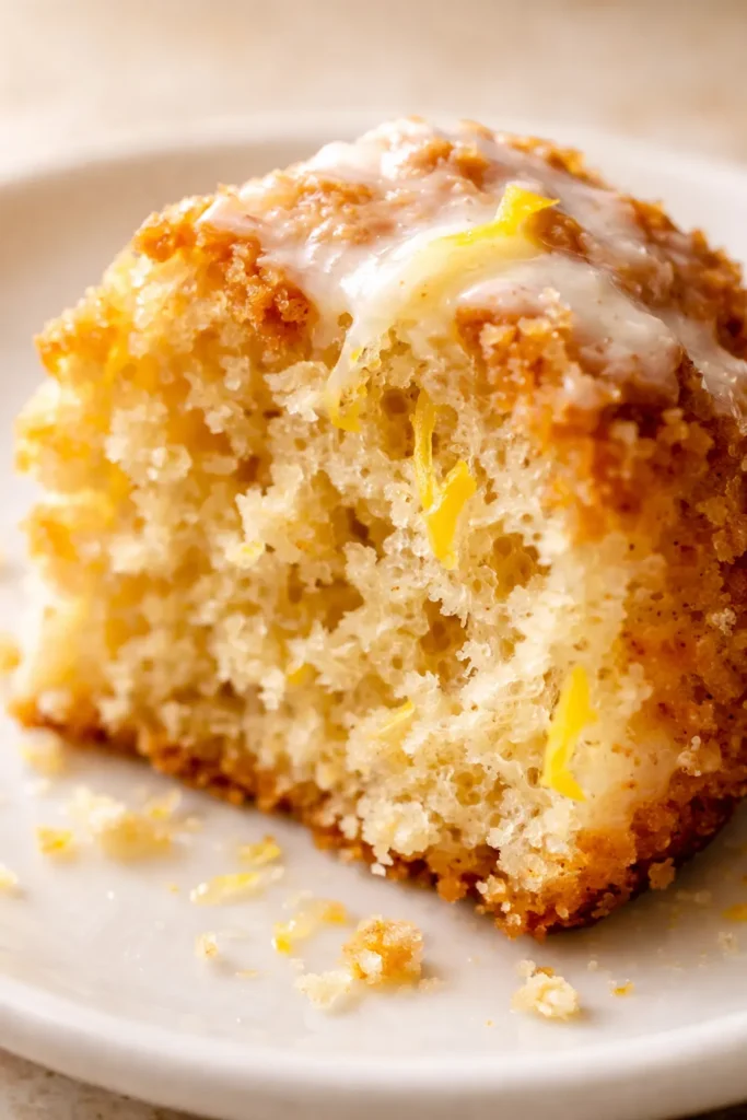 Tender lemon buttermilk cake with a golden brown crust and a dusting of powdered sugar on a white cake stand