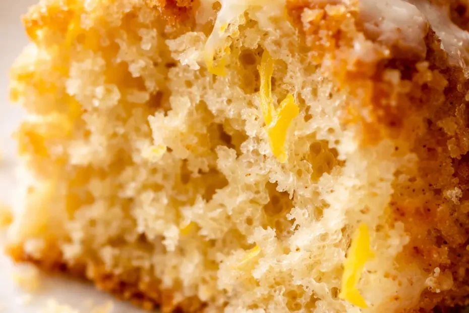 Tender lemon buttermilk cake with a golden brown crust and a dusting of powdered sugar on a white cake stand