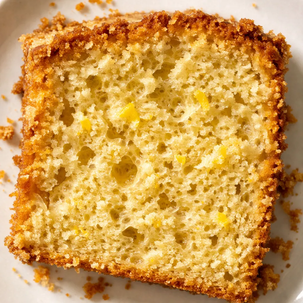 Lemon buttermilk cake batter being whisked in a ceramic bowl, showing a creamy pale yellow mixture with lemon zest flecks.