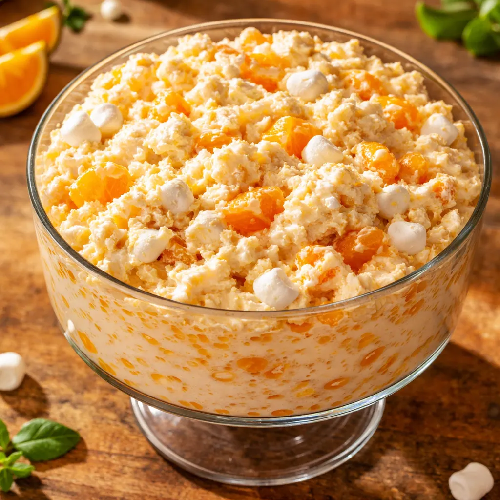 Folding thawed Cool Whip and dry orange gelatin with drained mandarin oranges and crushed pineapple for a creamy jello salad