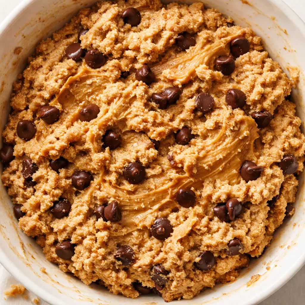 Mixing creamy protein cookie dough in a bowl with a spatula, showing thick texture and scattered chocolate chips