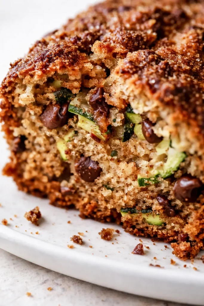 A slice of moist zucchini bread on a plate, showing its golden brown crust and tender crumb with visible flecks of green zucchini