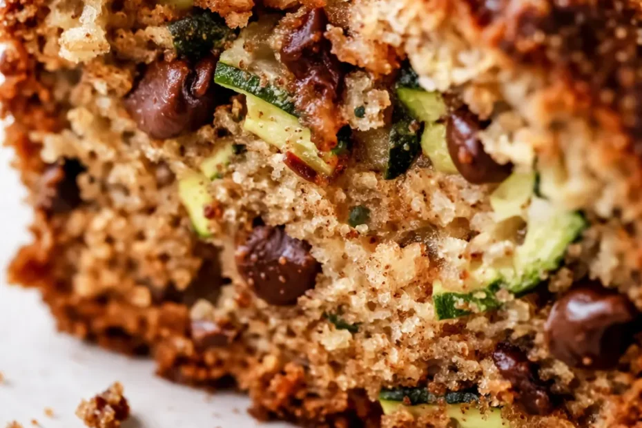 A slice of moist zucchini bread on a plate, showing its golden brown crust and tender crumb with visible flecks of green zucchini