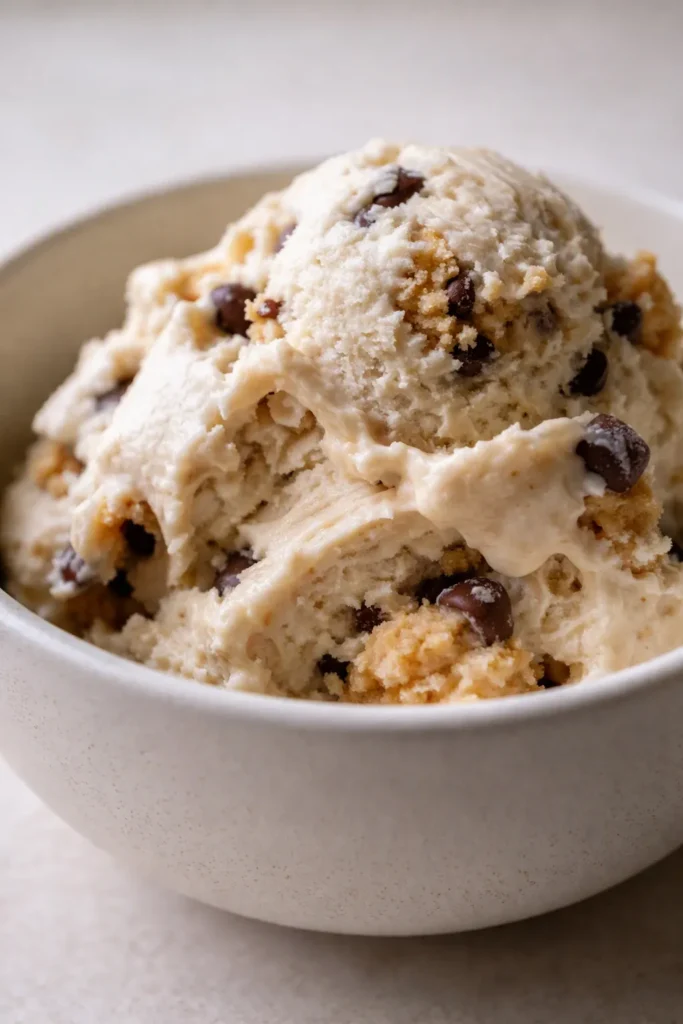 Creamy Ninja Creami cookie dough protein ice cream scoop with brown cookie dough chunks in a bowl, swirled vanilla base