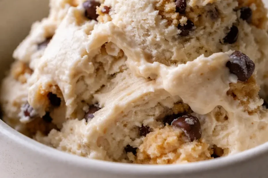 Creamy Ninja Creami cookie dough protein ice cream scoop with brown cookie dough chunks in a bowl, swirled vanilla base