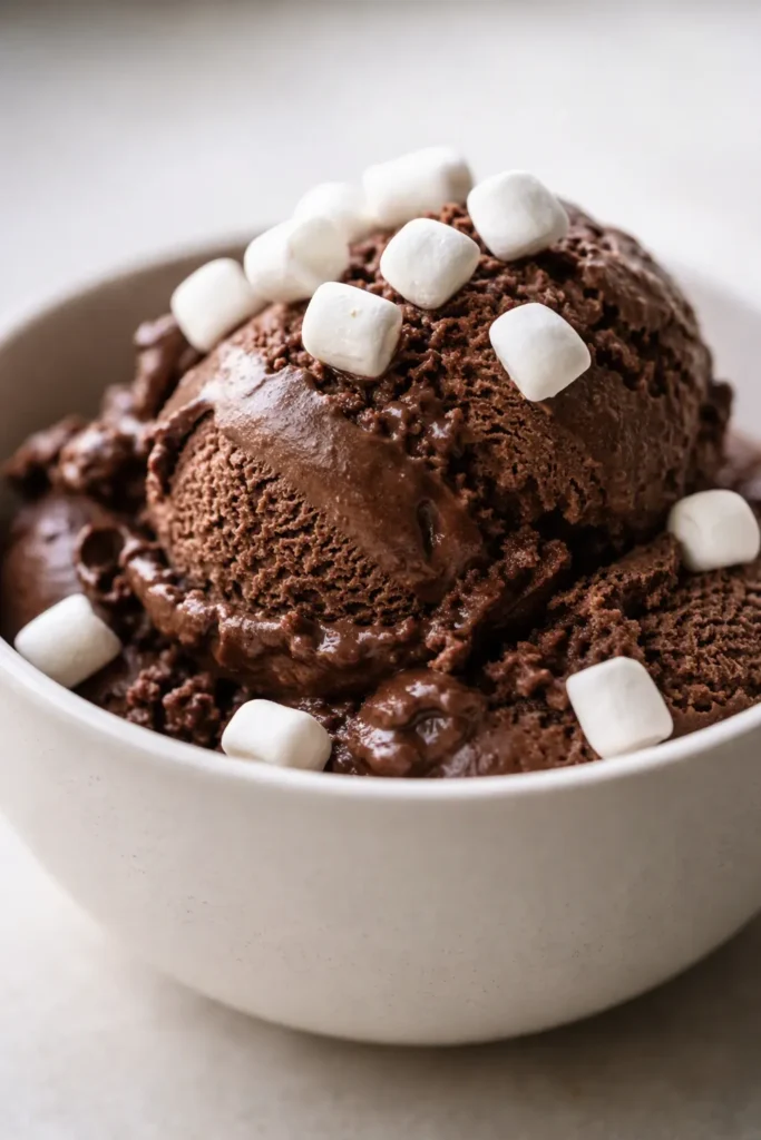 Smooth and creamy Ninja Creami frozen hot chocolate ice cream in a bowl with a rich chocolate color, topped with mini marshmallows