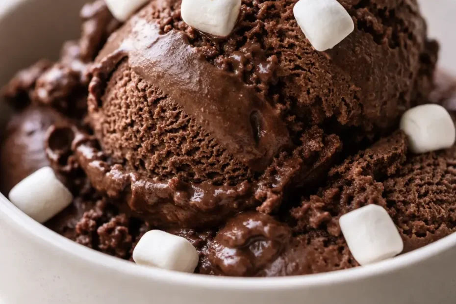 Smooth and creamy Ninja Creami frozen hot chocolate ice cream in a bowl with a rich chocolate color, topped with mini marshmallows