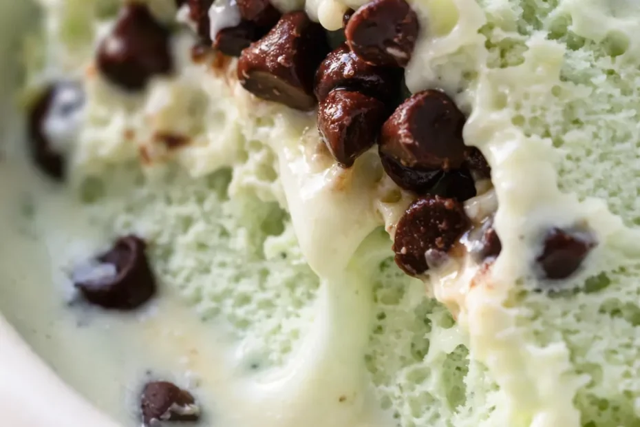 Creamy green mint chip ice cream with dark chocolate chips in a white bowl, showing smooth texture and chocolate flecks