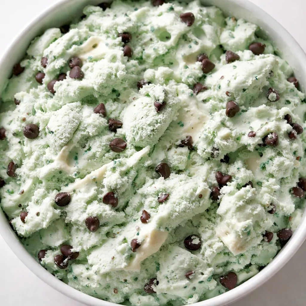 Vibrant green mint chip ice cream base being poured into a Ninja Creami pint with mini chocolate chips scattered throughout