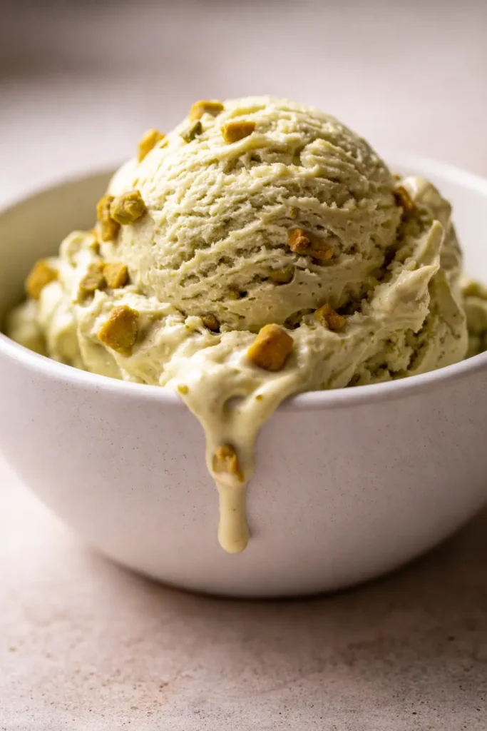 Creamy green pistachio ice cream topped with chopped nuts, showing smooth texture in a glass bowl