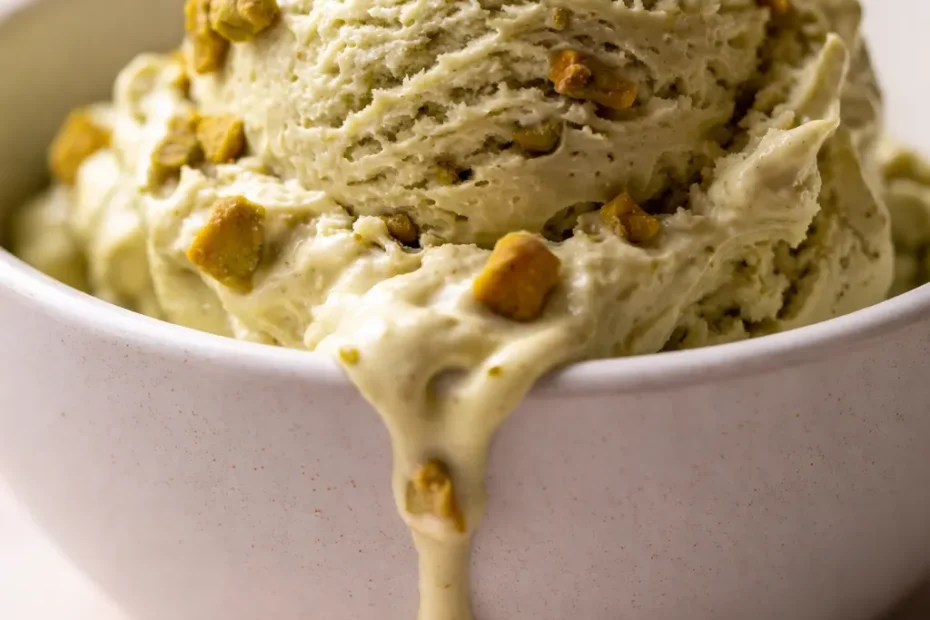Creamy green pistachio ice cream topped with chopped nuts, showing smooth texture in a glass bowl