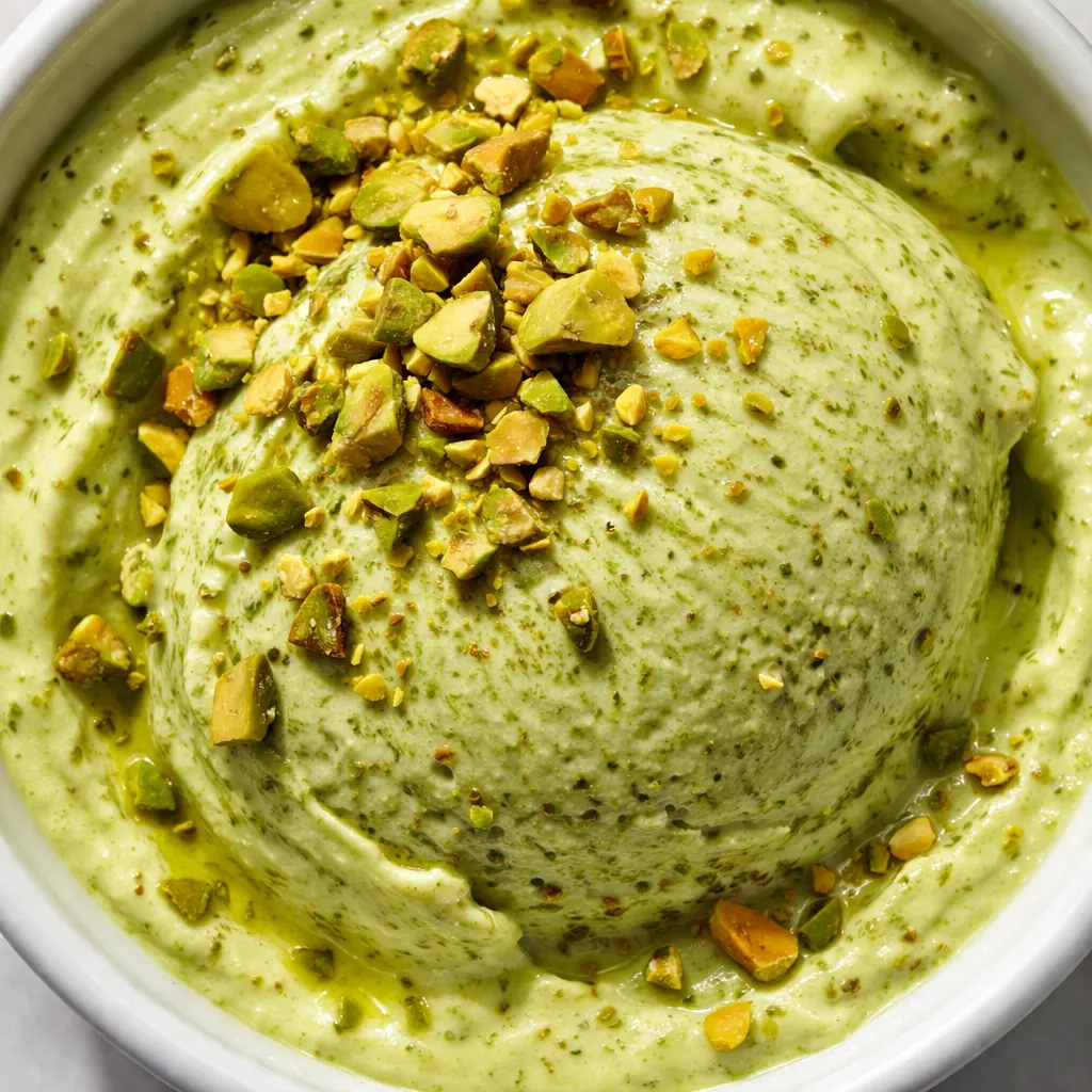 Creamy green pistachio ice cream with visible ground nuts after churning in the Ninja Creami, showing a smooth and thick texture