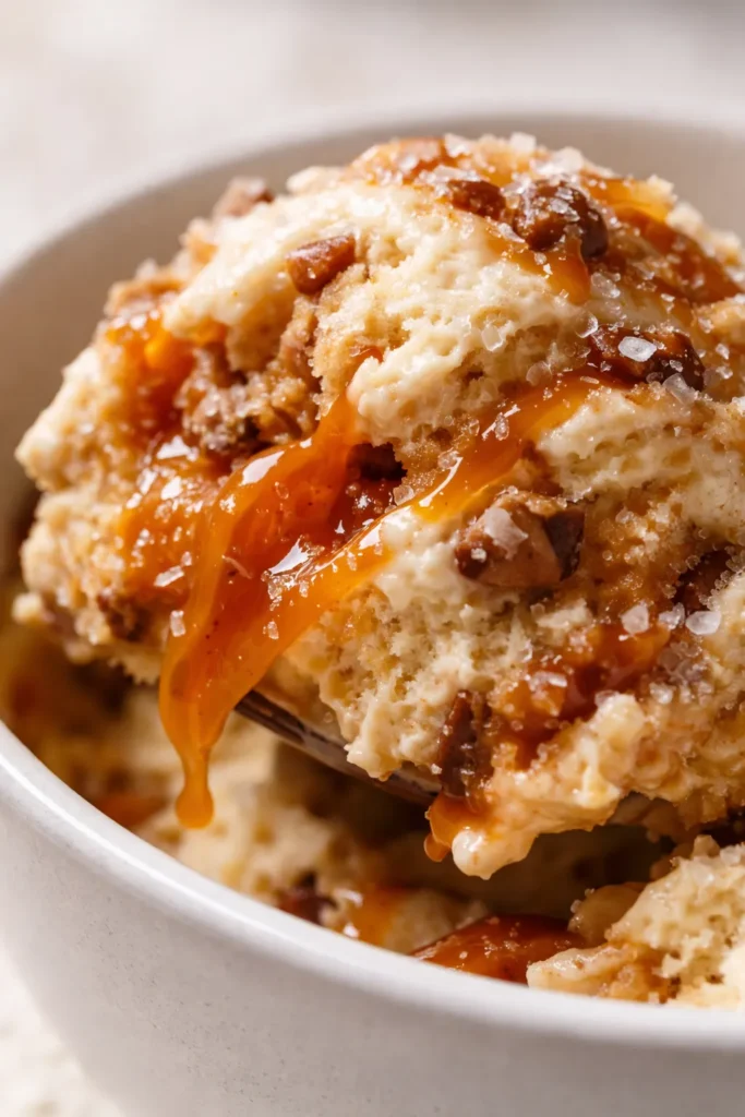 Scoop of Ninja Creami salted caramel ice cream, creamy light brown with caramel swirls and sea salt flakes on top