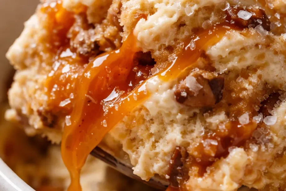Scoop of Ninja Creami salted caramel ice cream, creamy light brown with caramel swirls and sea salt flakes on top