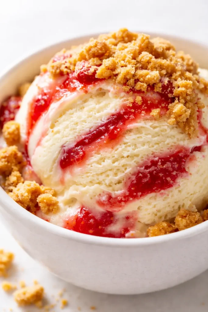 Tangy, creamy Ninja Creami strawberry cheesecake ice cream topped with brown butter graham crumble, pink and white swirls with golden crumble bits.