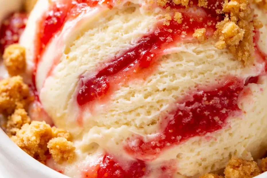 Tangy, creamy Ninja Creami strawberry cheesecake ice cream topped with brown butter graham crumble, pink and white swirls with golden crumble bits.