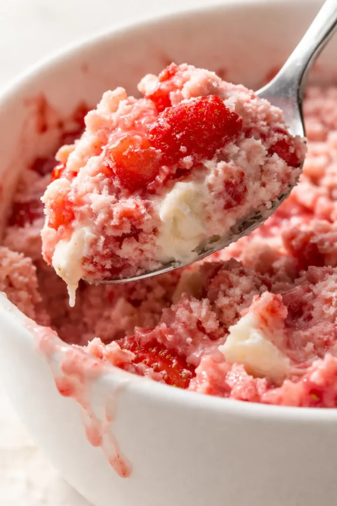 Creamy scoop of homemade Ninja Creami strawberry ice cream in a white bowl, soft pink with visible strawberry flecks