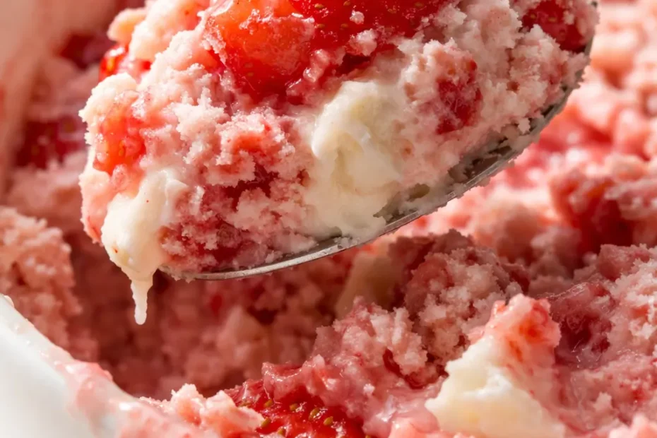 Creamy scoop of homemade Ninja Creami strawberry ice cream in a white bowl, soft pink with visible strawberry flecks