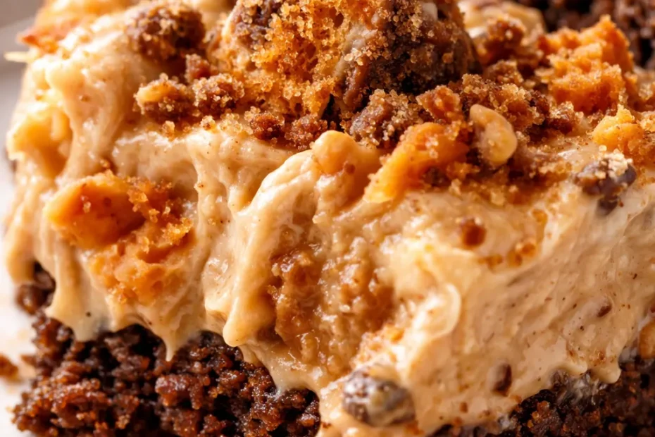 Creamy no-bake Butterfinger pie slice with crunchy graham cracker crust and chocolate crumbles on top