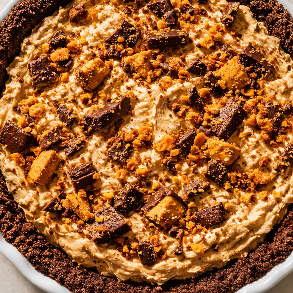 Spooning creamy no-bake Butterfinger pie mixture with crunchy bits onto a dark chocolate graham crust