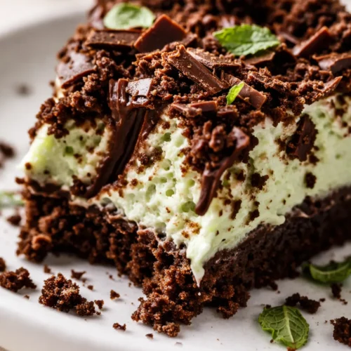 Slice of no bake grasshopper pie with creamy mint green filling and chocolate cookie crust topped with whipped cream