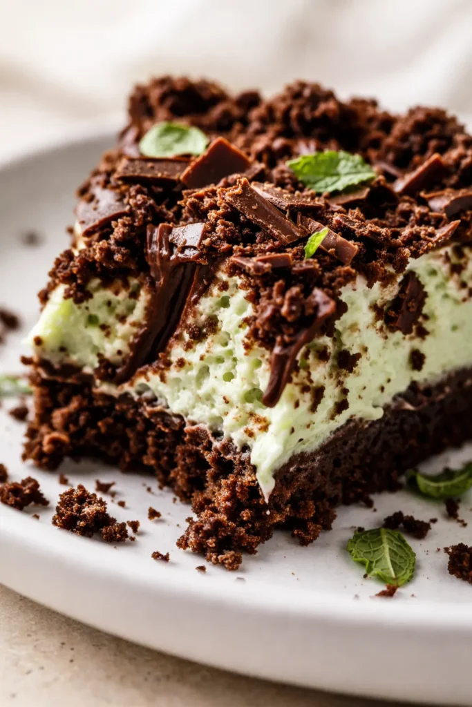 Slice of no bake grasshopper pie with creamy mint green filling and chocolate cookie crust topped with whipped cream