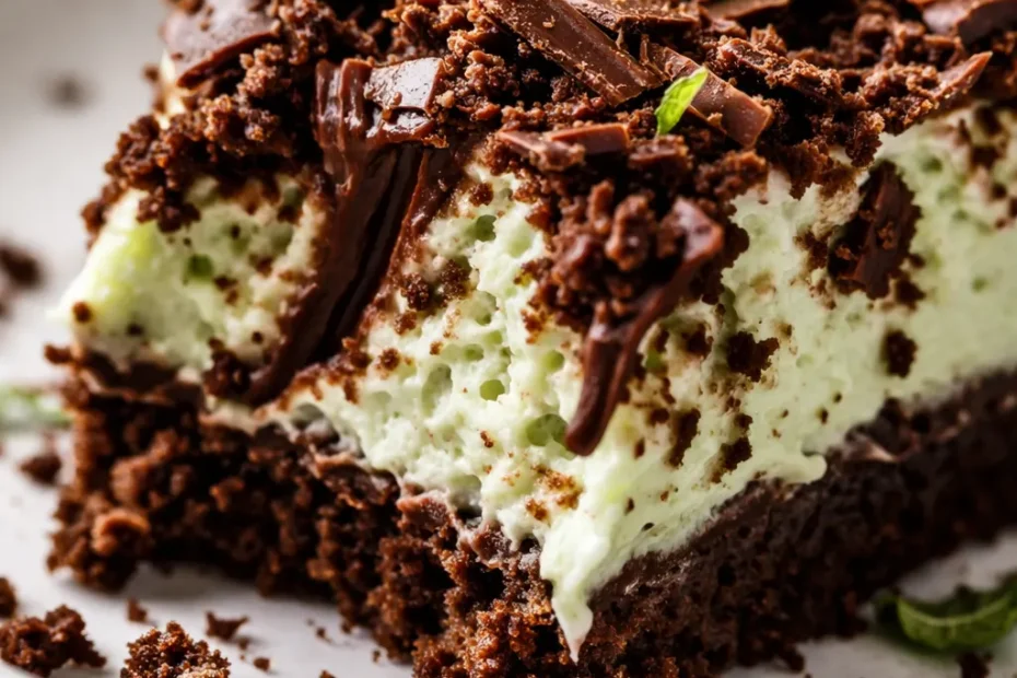 Slice of no bake grasshopper pie with creamy mint green filling and chocolate cookie crust topped with whipped cream