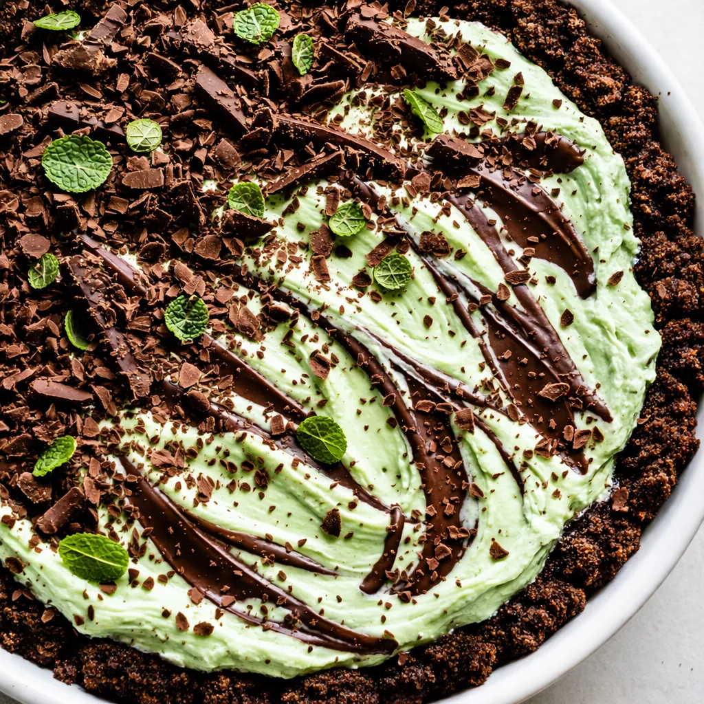 Smooth mint-green filling being poured into a chocolate cookie crust, with visible creamy texture and crumb topping