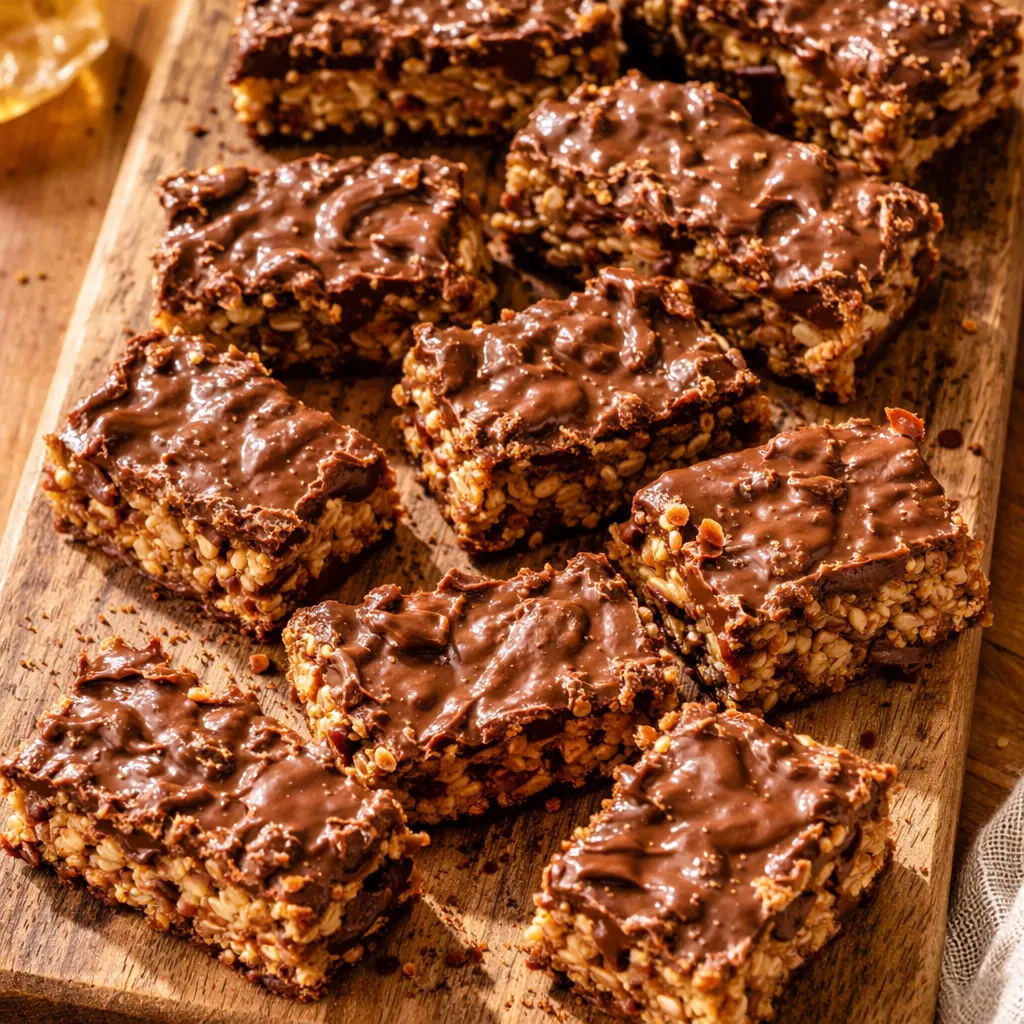 Pressing the chocolate-cereal mixture into a baking pan to form no-bake Kit Kat bars with a crunchy, golden-brown texture