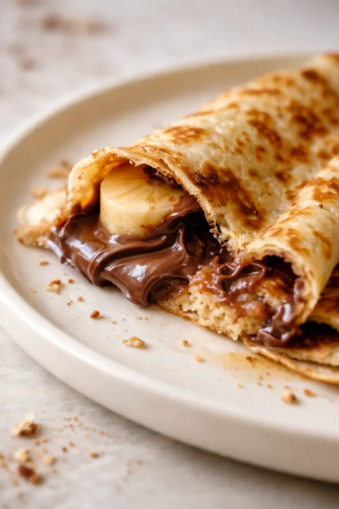 Golden crepes drizzled with melted Nutella and topped with sliced bananas, creamy and decadent