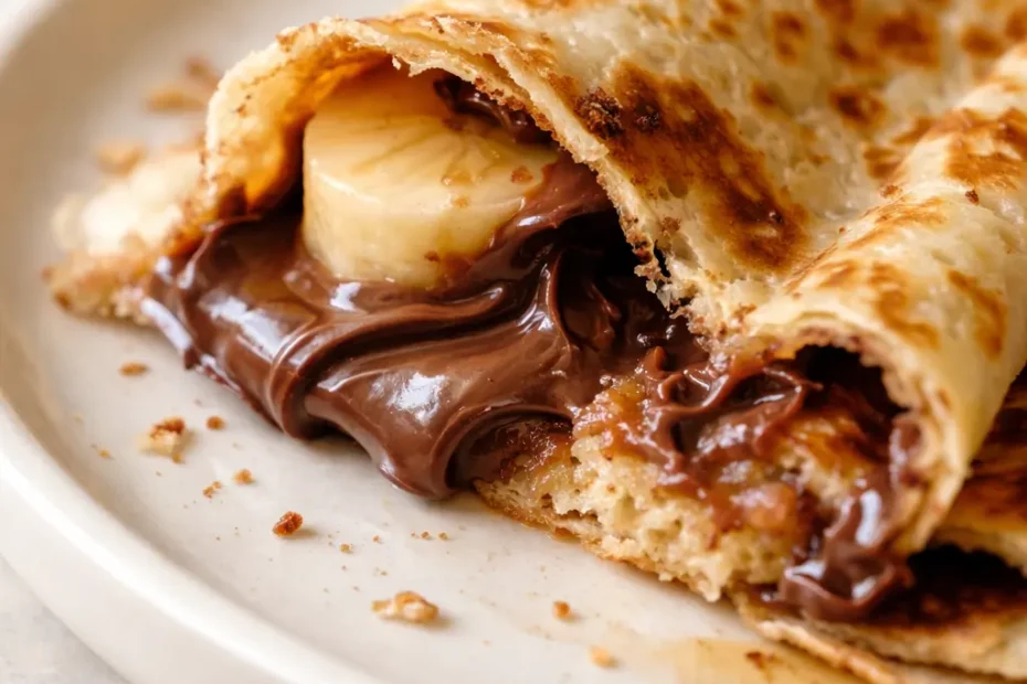 Golden crepes drizzled with melted Nutella and topped with sliced bananas, creamy and decadent