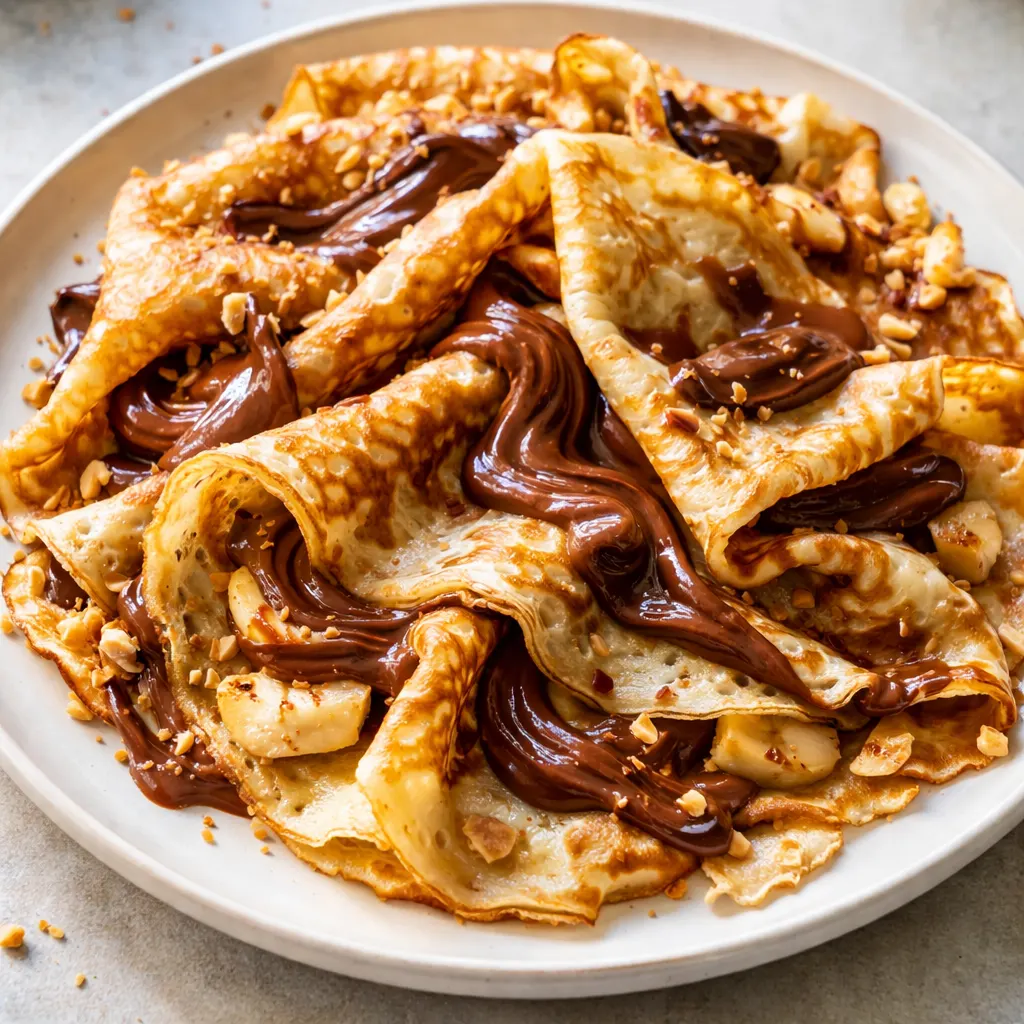 Golden crepe spread with creamy Nutella and fresh banana slices for Nutella Banana Crepes, showcasing the melty chocolate texture
