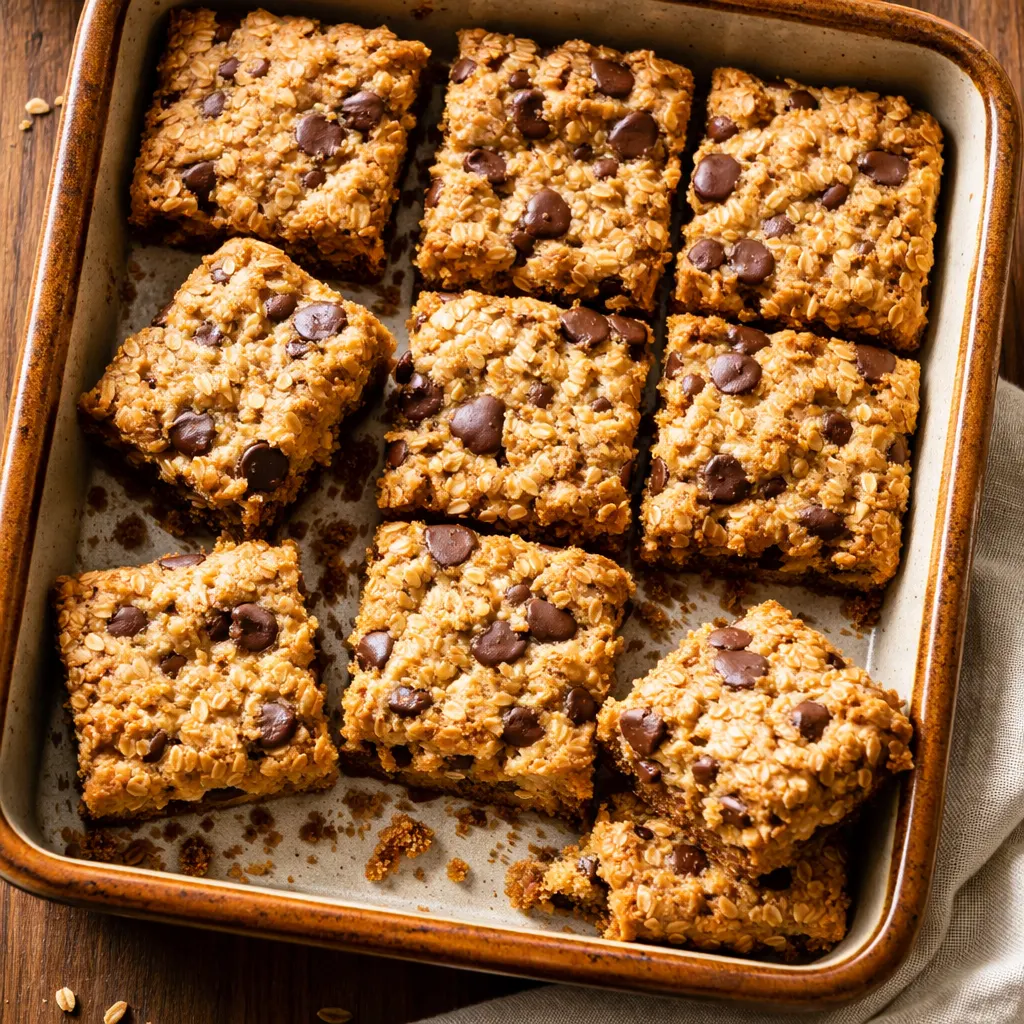 Mixing oatmeal chocolate chip bar dough in a bowl with melted butter and brown sugar, chocolate chips scattered throughout