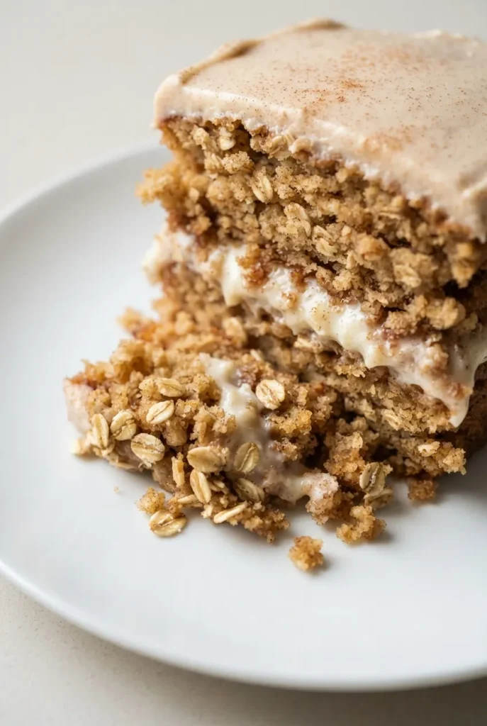 Golden oatmeal cream pie cake slice with creamy white filling and crumbly oat streusel on top