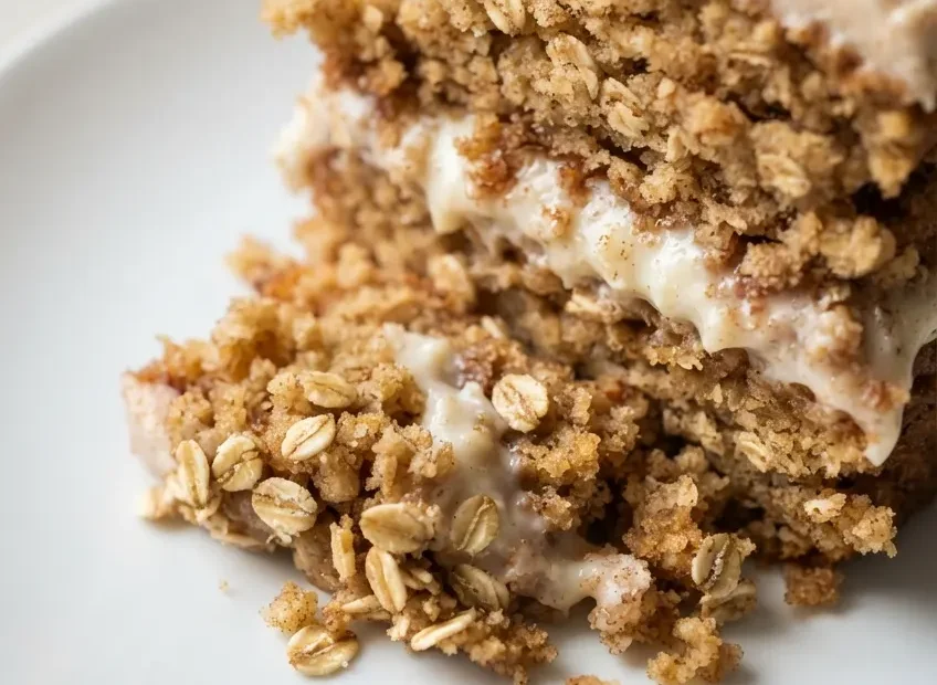 Golden oatmeal cream pie cake slice with creamy white filling and crumbly oat streusel on top
