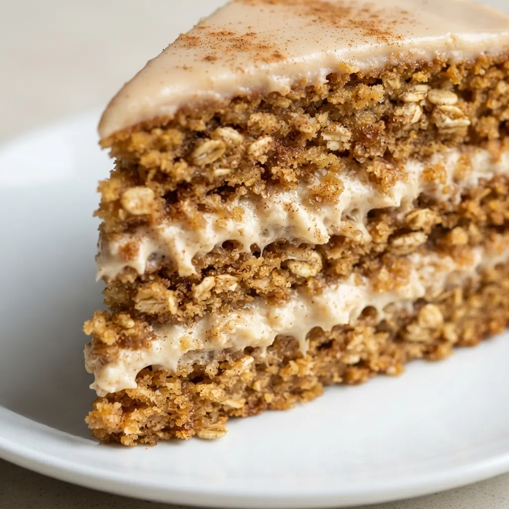 Coarse ground oats and flour with cinnamon and nutmeg in a mixing bowl, dry ingredients for oatmeal cream pie cake