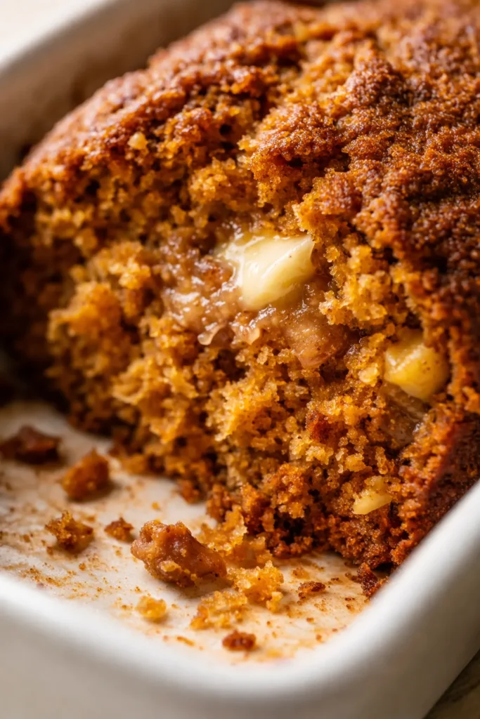 Moist pumpkin bread slice with golden-brown crust, showing tender crumb texture on a white plate
