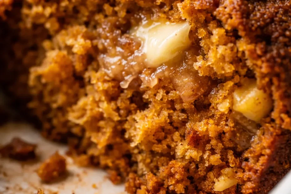 Moist pumpkin bread slice with golden-brown crust, showing tender crumb texture on a white plate