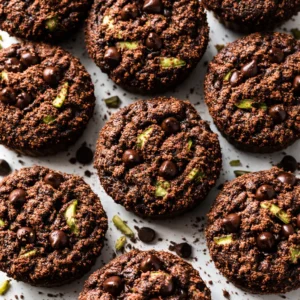 Mixing thick, glossy paleo chocolate zucchini muffin batter with shredded zucchini in a ceramic bowl, cocoa powder visible
