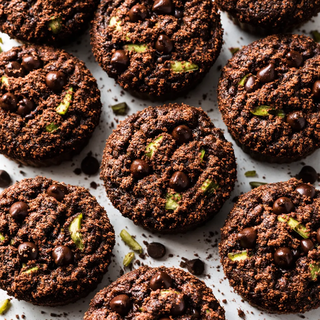 Mixing thick, glossy paleo chocolate zucchini muffin batter with shredded zucchini in a ceramic bowl, cocoa powder visible
