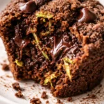 Moist paleo chocolate zucchini muffins with cracked tops and a rich dark chocolate color, resting on a cooling rack