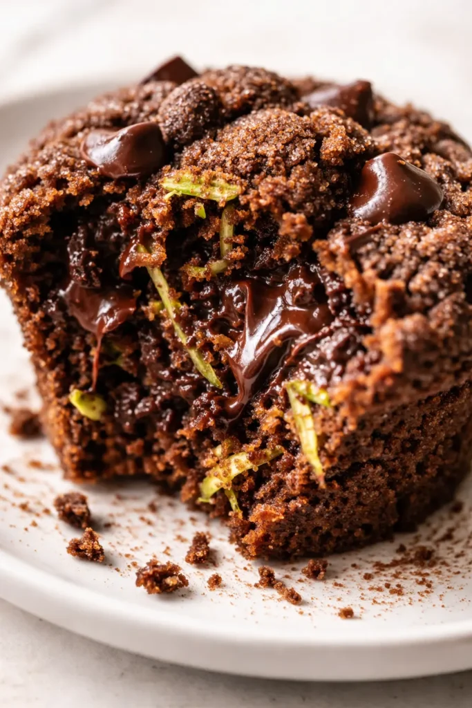 Moist paleo chocolate zucchini muffins with cracked tops and a rich dark chocolate color, resting on a cooling rack