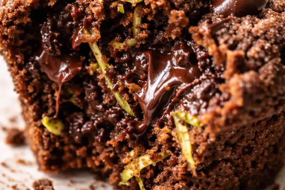 Moist paleo chocolate zucchini muffins with cracked tops and a rich dark chocolate color, resting on a cooling rack