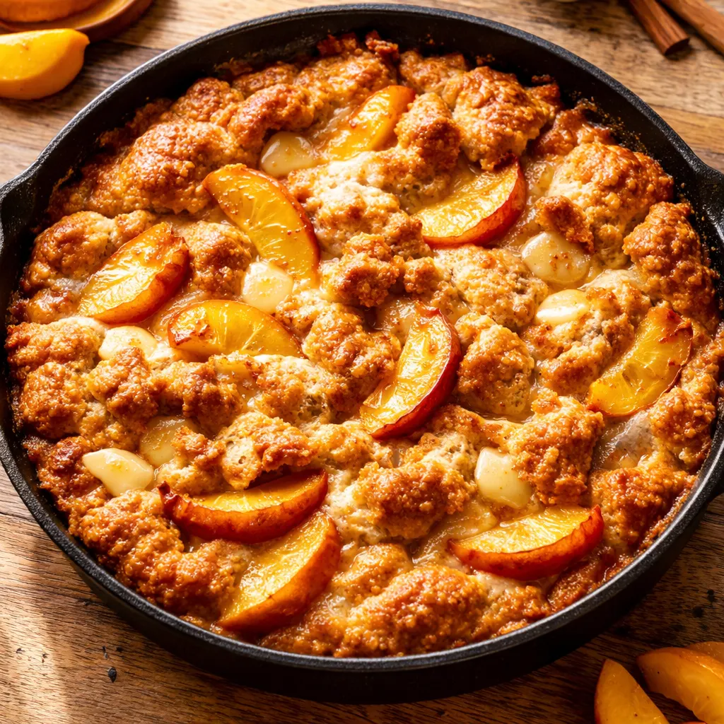 Sliced peaches in a glass baking dish topped with cold butter pieces and batter, forming a crust that bakes golden and juicy